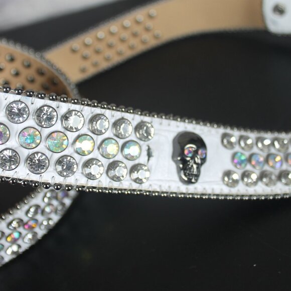 White Faux Leather Woman Belt Skull Rhinestone Western Motorcycle Bling Carnival main image 5